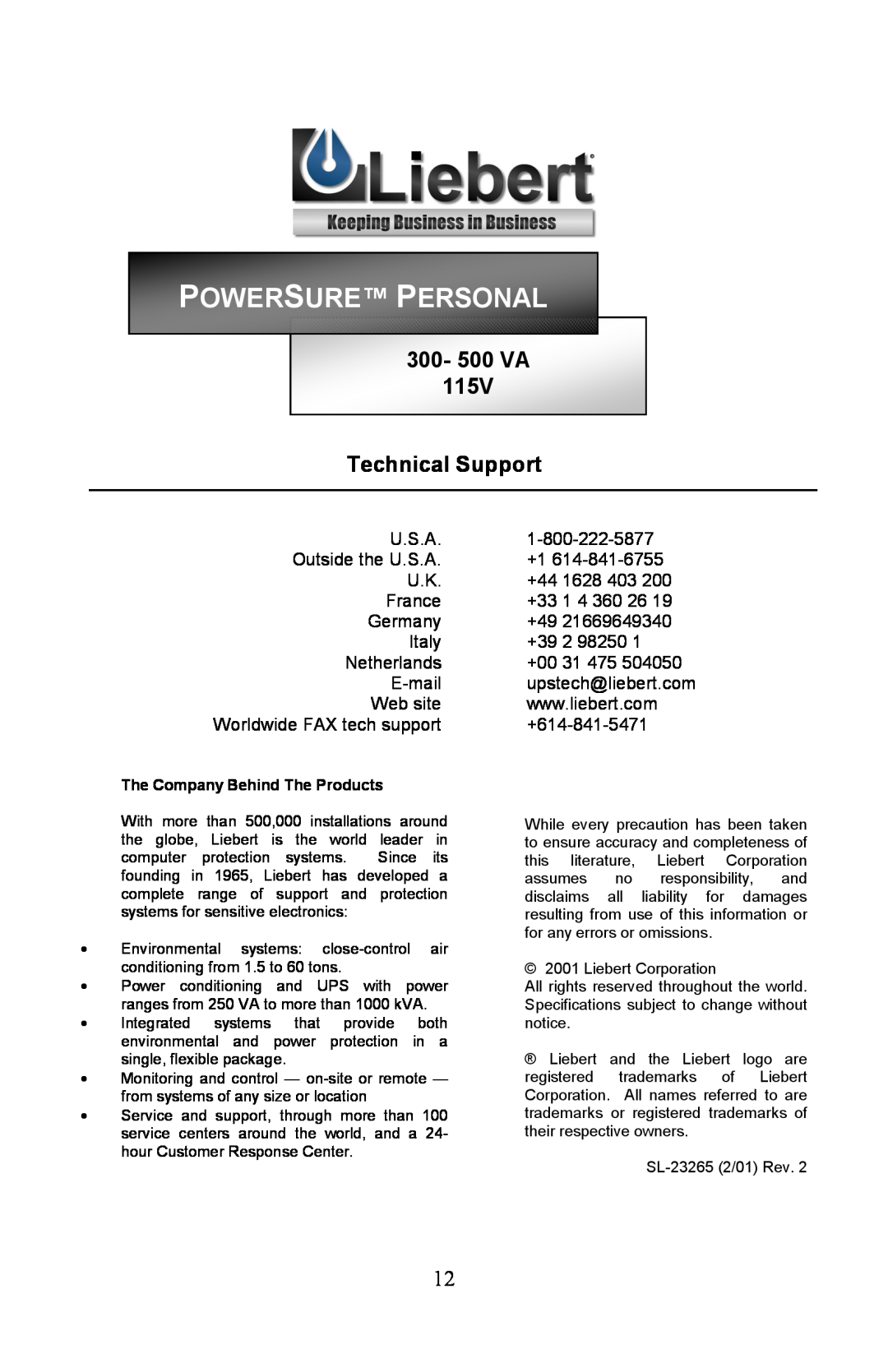 Liebert PowerSure Personal Powersure Personal, 300- 500 VA 115V Technical Support, The Company Behind The Products 