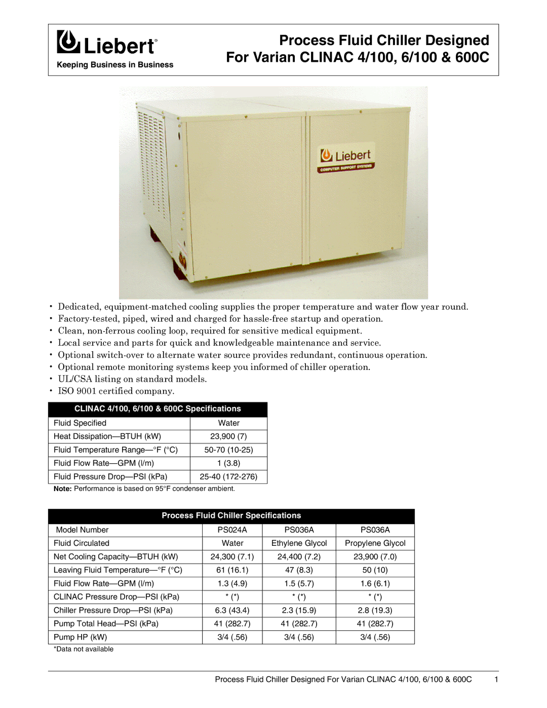 Liebert PS024A specifications Clinac 4/100, 6/100 & 600C Specifications, Process Fluid Chiller Specifications 