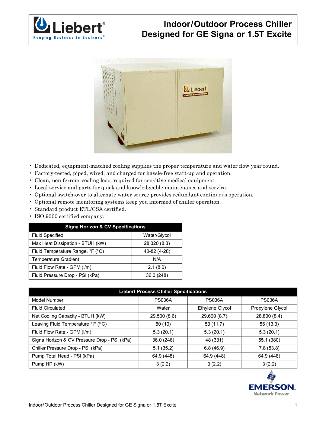 Liebert PS036A specifications Signa Horizon & CV Specifications, Liebert Process Chiller Specifications 