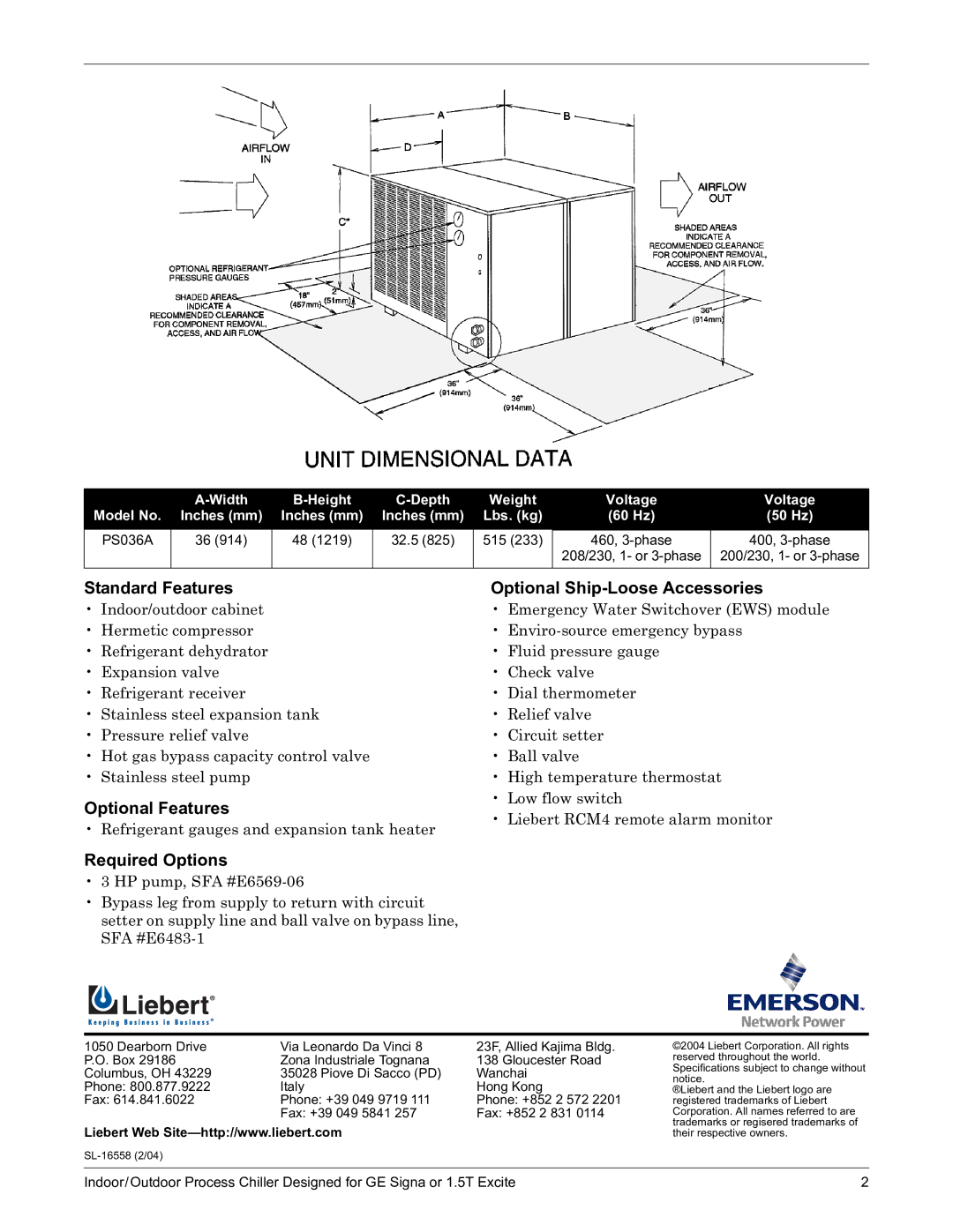 Liebert PS036A specifications Standard Features Optional Ship-Loose Accessories, Optional Features, Required Options 