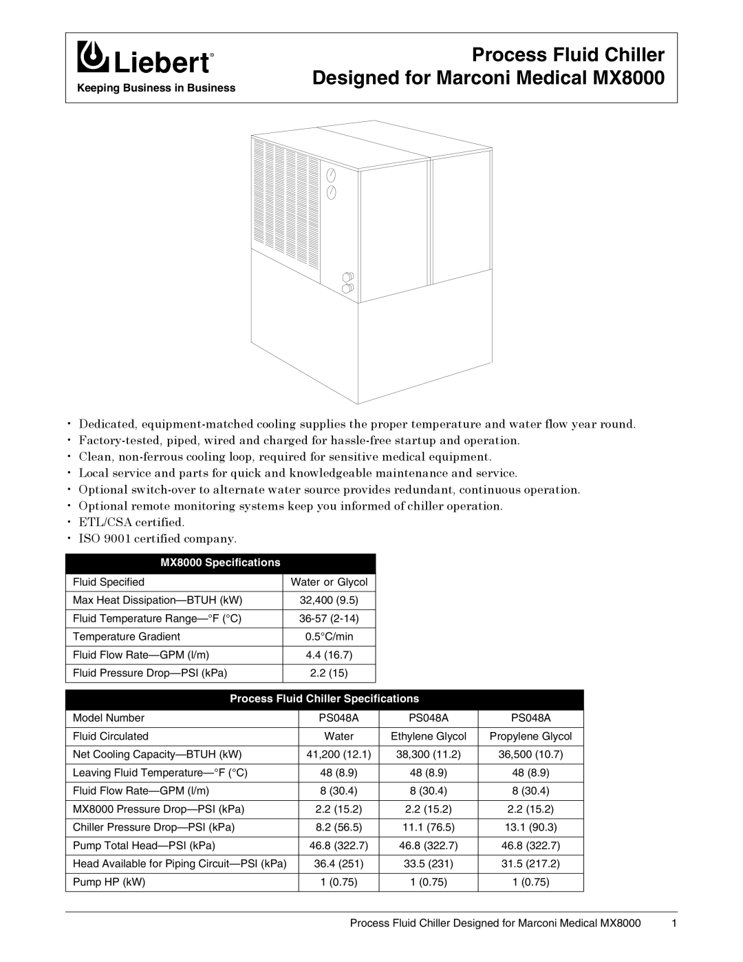 Liebert PS048A specifications Process Fluid Chiller Designed for Marconi Medical MX8000, MX8000 Specifications 