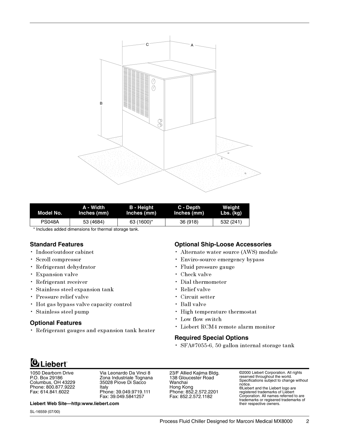 Liebert PS048A Standard Features Optional Ship-Loose Accessories, Optional Features, Required Special Options 