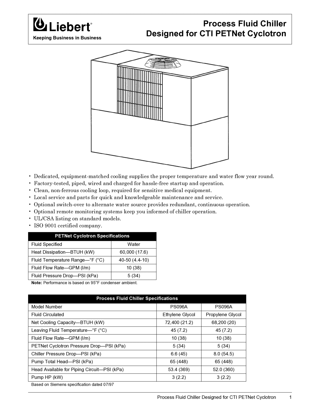 Liebert PS096A specifications Process Fluid Chiller Designed for CTI PETNet Cyclotron, PETNet Cyclotron Specifications 