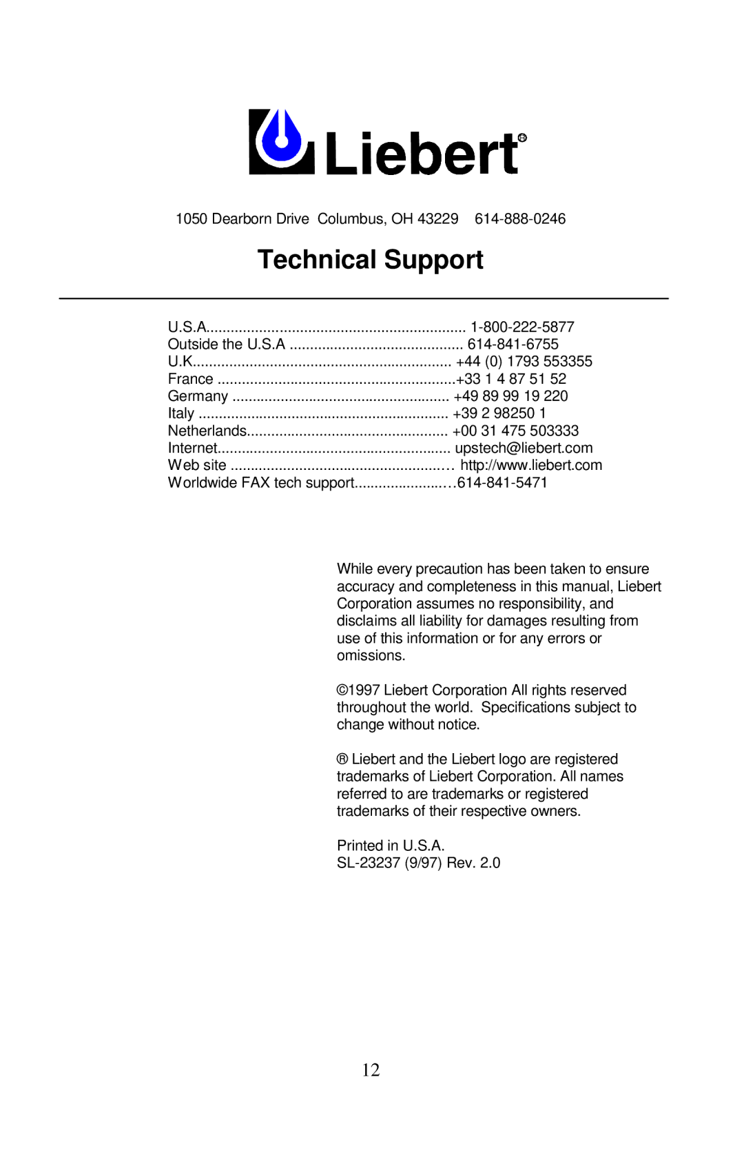 Liebert PS250-50S, PS400-50S, PS600-50S user manual Technical Support 