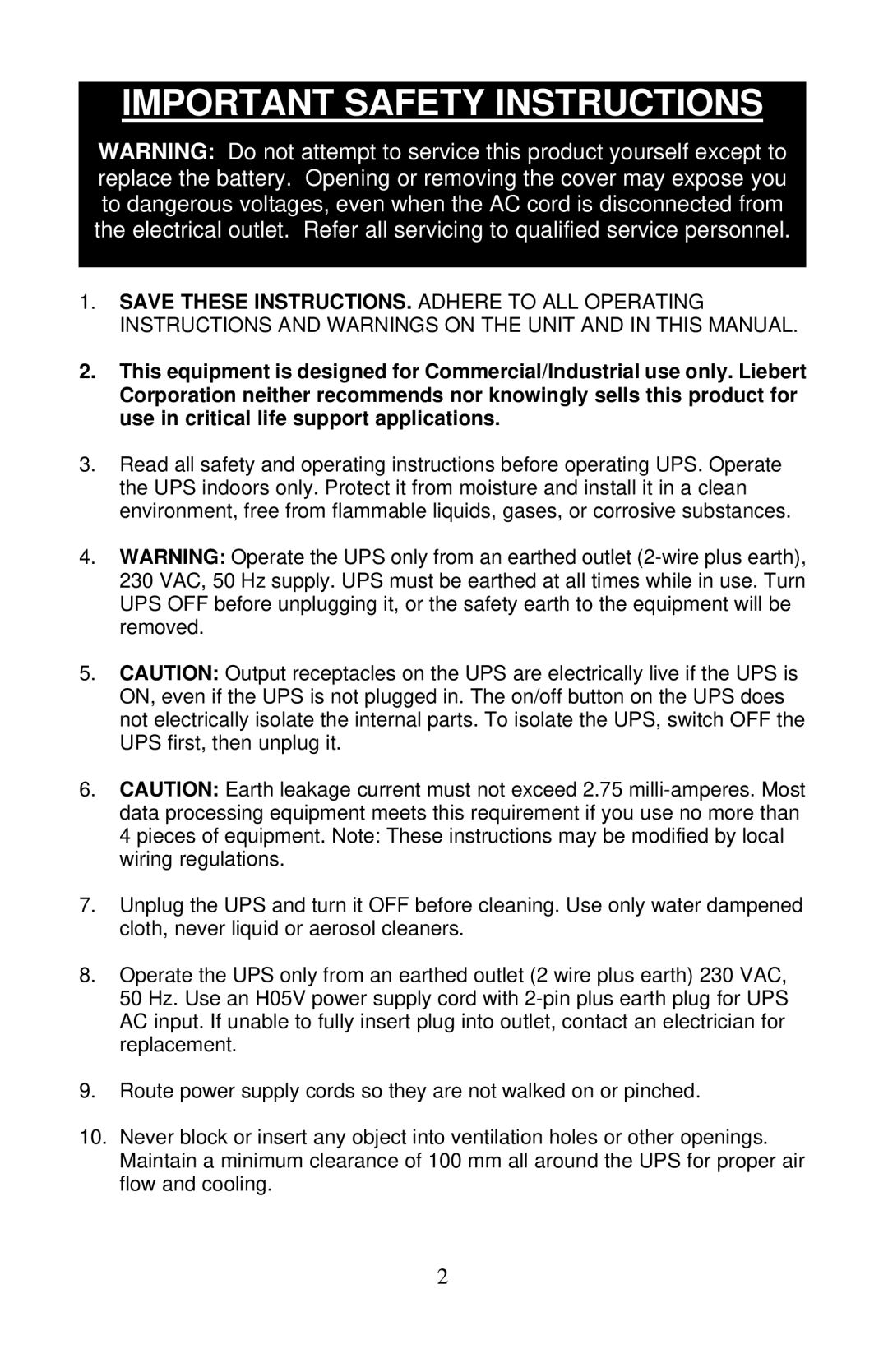 Liebert PS250-50S, PS400-50S, PS600-50S user manual Important Safety Instructions 