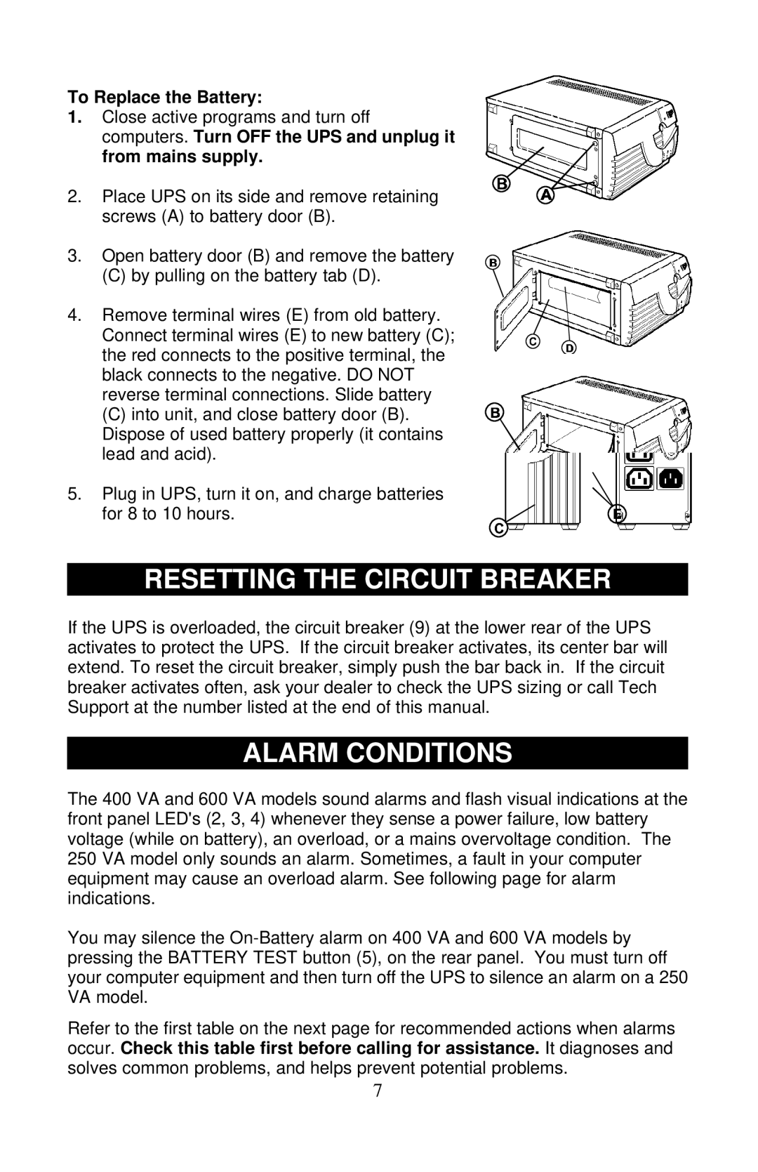 Liebert PS250-50S, PS400-50S, PS600-50S user manual Resetting the Circuit Breaker, Alarm Conditions 