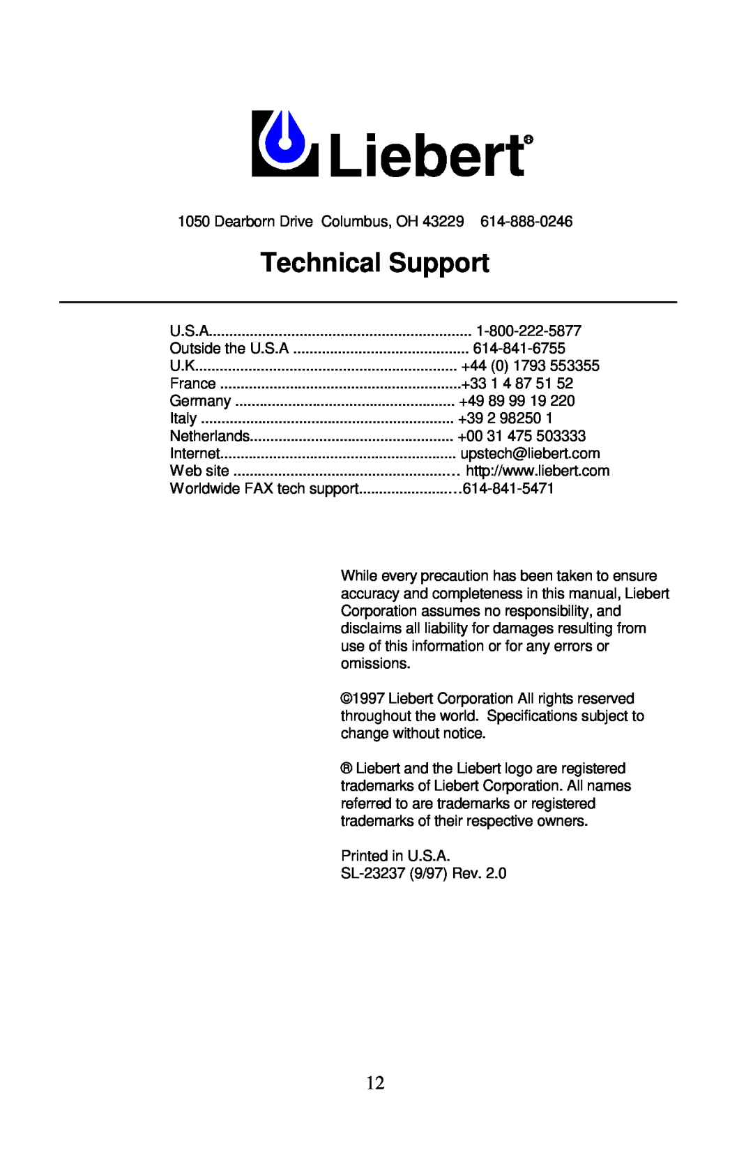 Liebert PS250-50S, PS400-50S, PS600-50S user manual Technical Support 