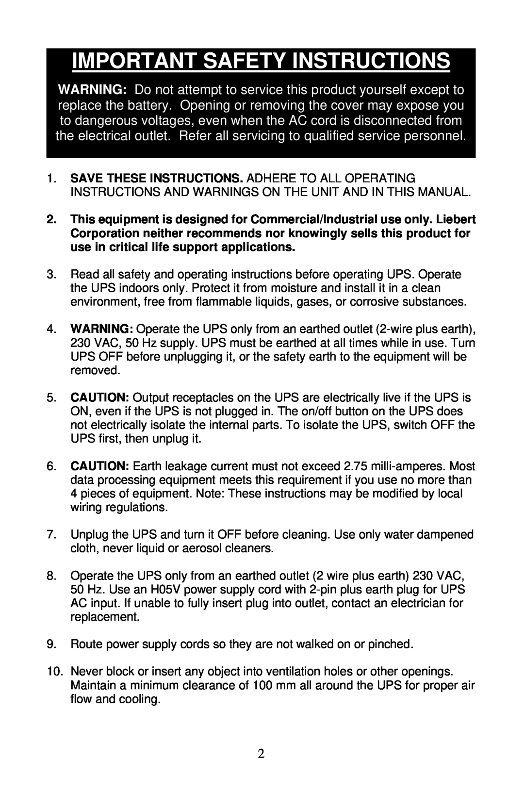 Liebert PS250-50S, PS400-50S, PS600-50S user manual Important Safety Instructions 