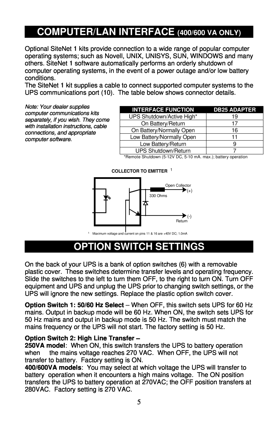 Liebert PS250-50S, PS400-50S, PS600-50S user manual COMPUTER/LAN INTERFACE 400/600 VA ONLY, Option Switch Settings 