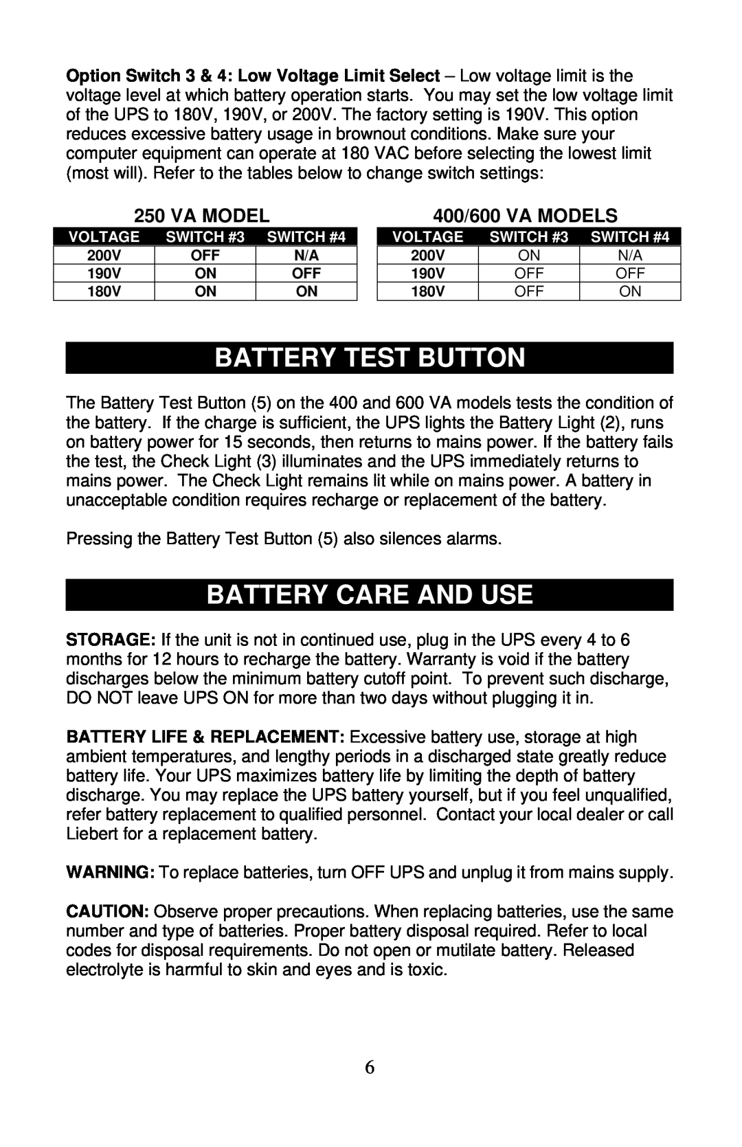 Liebert PS250-50S, PS400-50S, PS600-50S user manual Battery Test Button, Battery Care And Use, Va Model, 400/600 VA MODELS 