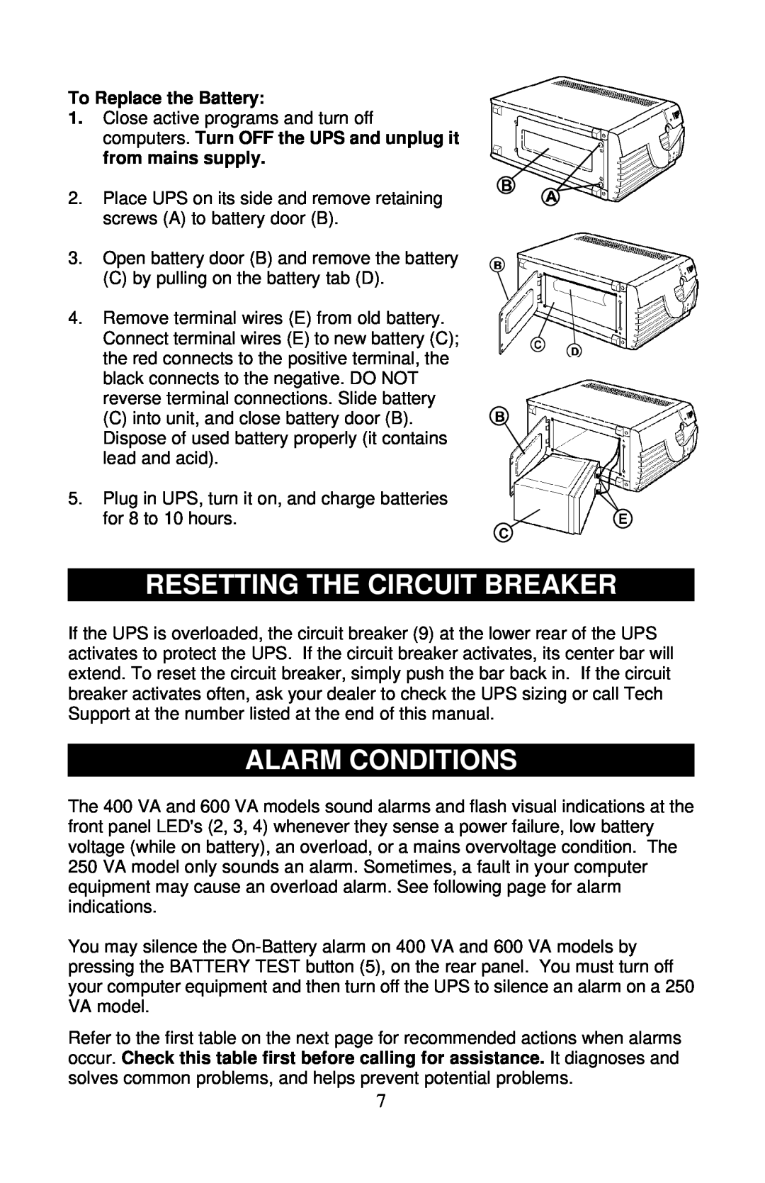 Liebert PS250-50S, PS400-50S, PS600-50S user manual Resetting The Circuit Breaker, Alarm Conditions, To Replace the Battery 