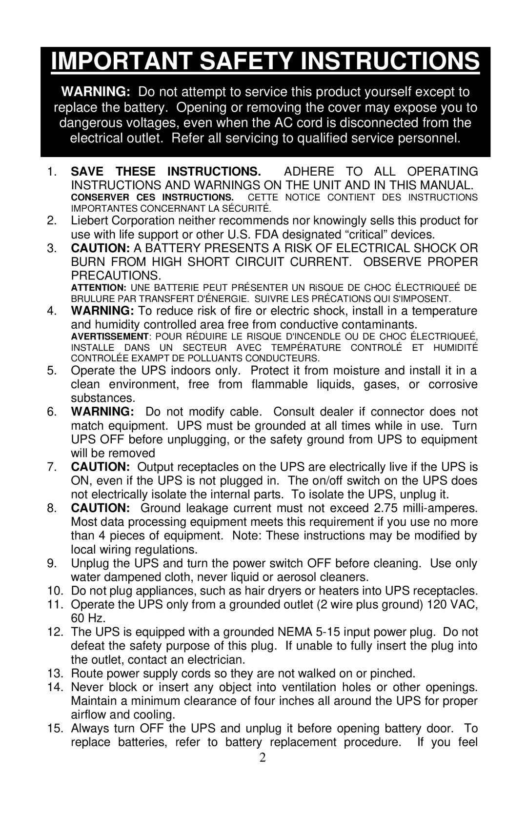 Liebert PS250-60S, PS600-60S, PS400-60S user manual Important Safety Instructions 