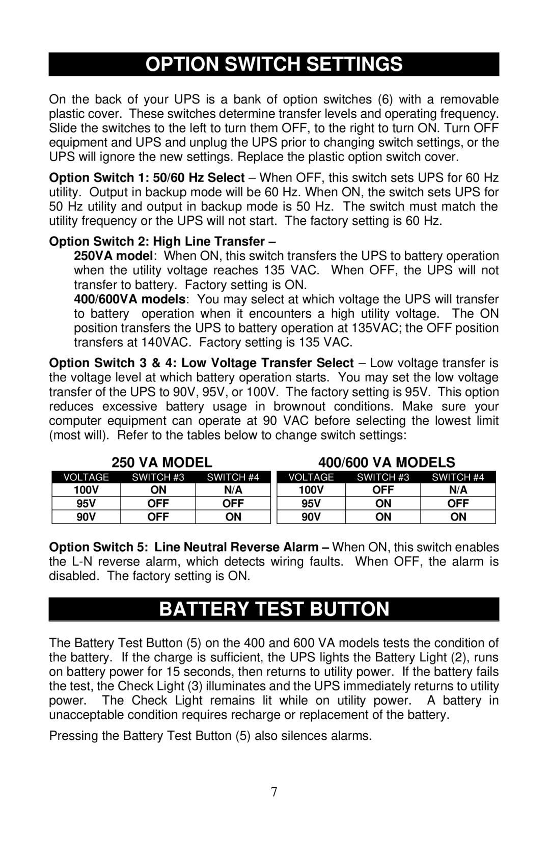 Liebert PS400-60S, PS600-60S, PS250-60S user manual Option Switch Settings, Battery Test Button 