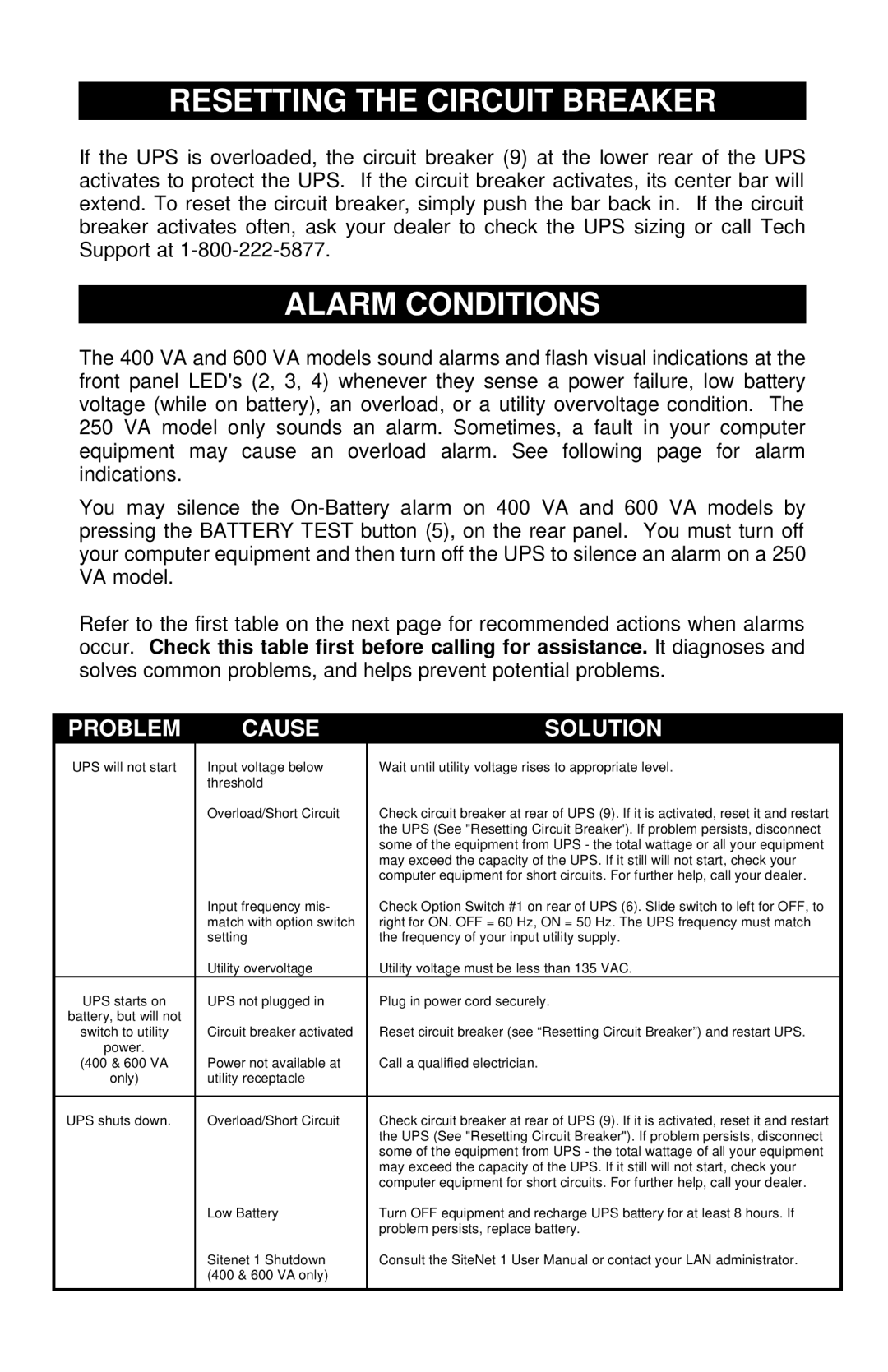 Liebert PS600-60S, PS400-60S, PS250-60S user manual Resetting the Circuit Breaker, Alarm Conditions 