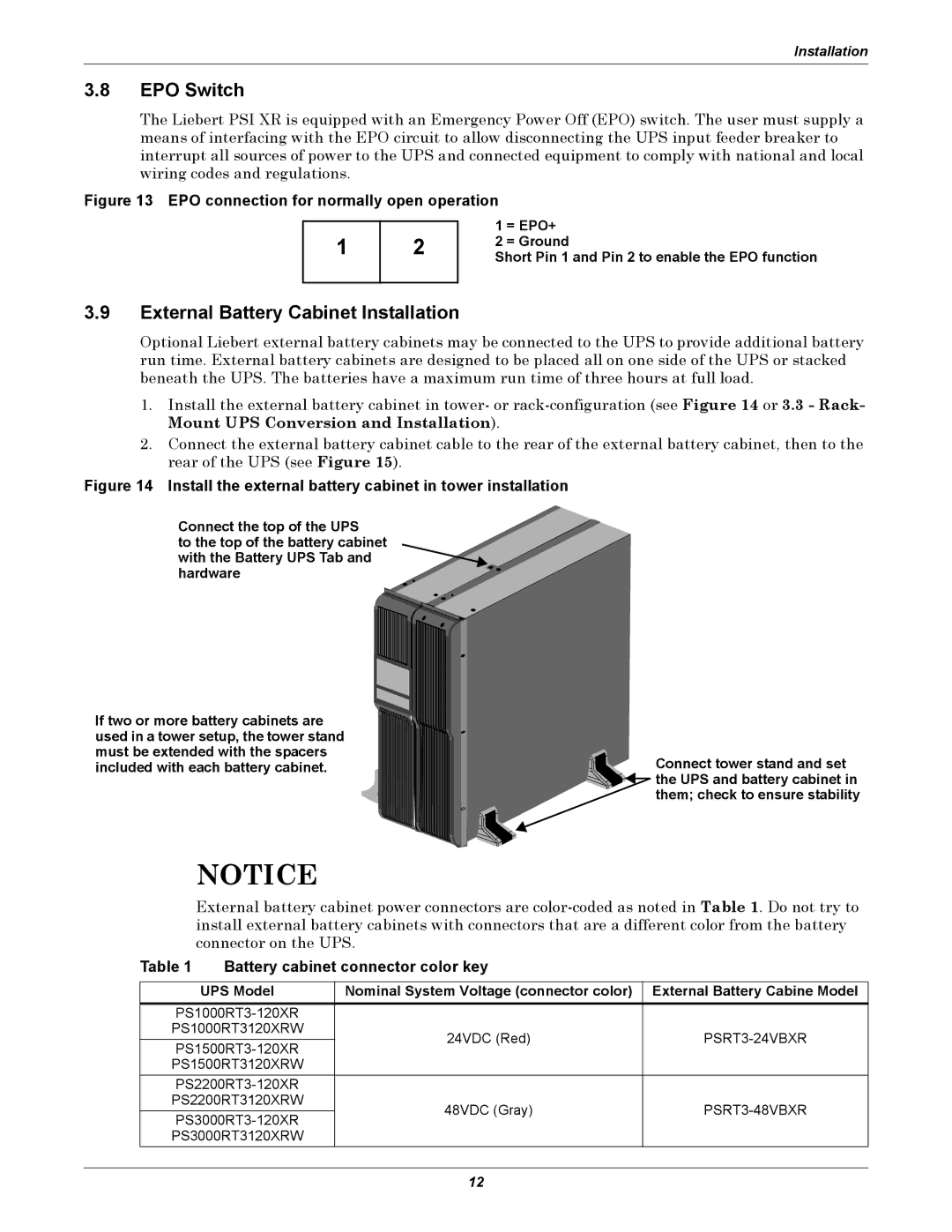 Liebert PSI XR user manual EPO Switch, External Battery Cabinet Installation, Battery cabinet connector color key 