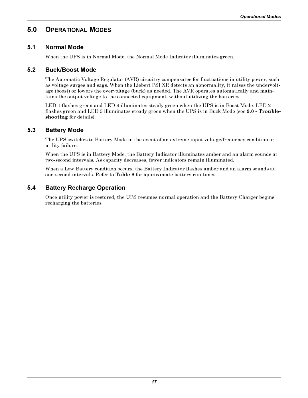 Liebert PSI XR user manual Normal Mode, Buck/Boost Mode, Battery Mode, Battery Recharge Operation, Operational Modes 