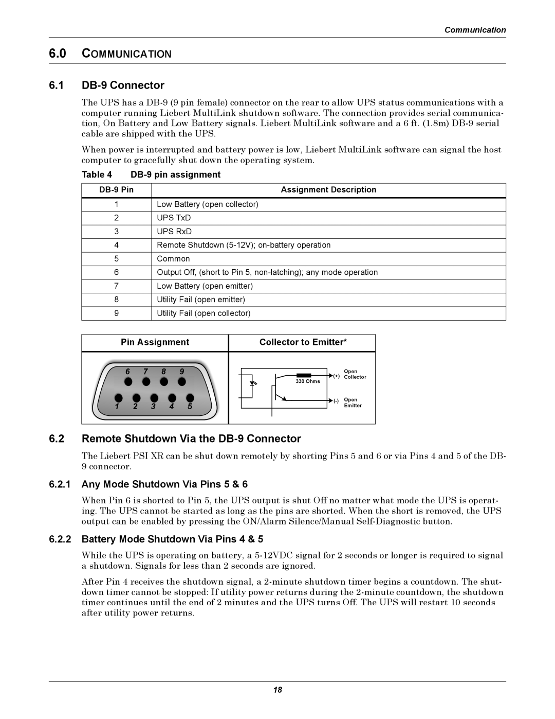 Liebert PSI XR user manual Remote Shutdown Via the DB-9 Connector, Communication, DB-9 pin assignment 