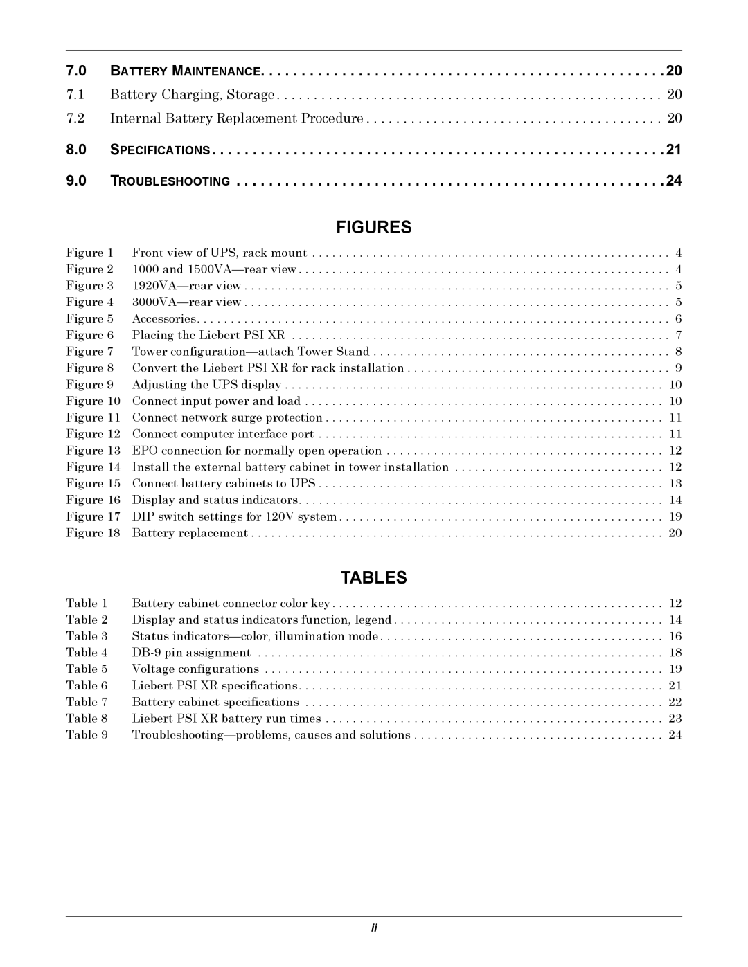 Liebert PSI XR user manual Tables, Battery Maintenance 