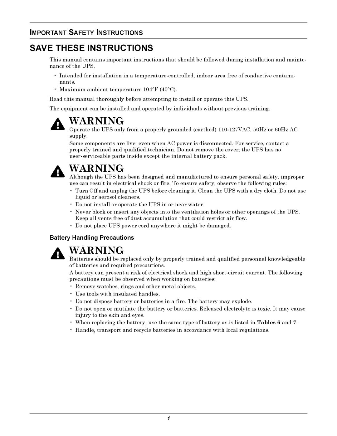 Liebert PSI XR user manual Important Safety Instructions, Battery Handling Precautions 