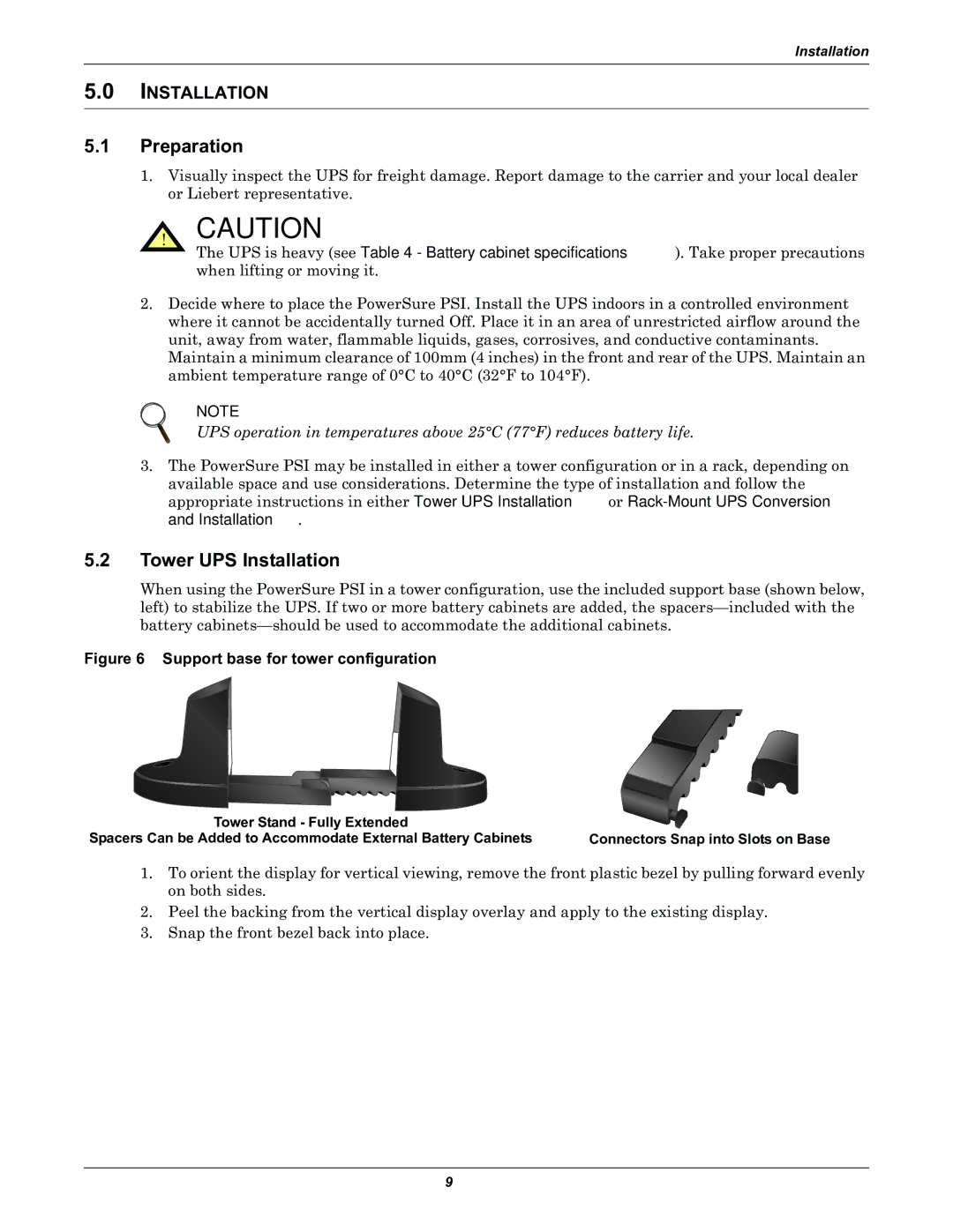 Liebert PSITM user manual Preparation, Tower UPS Installation 