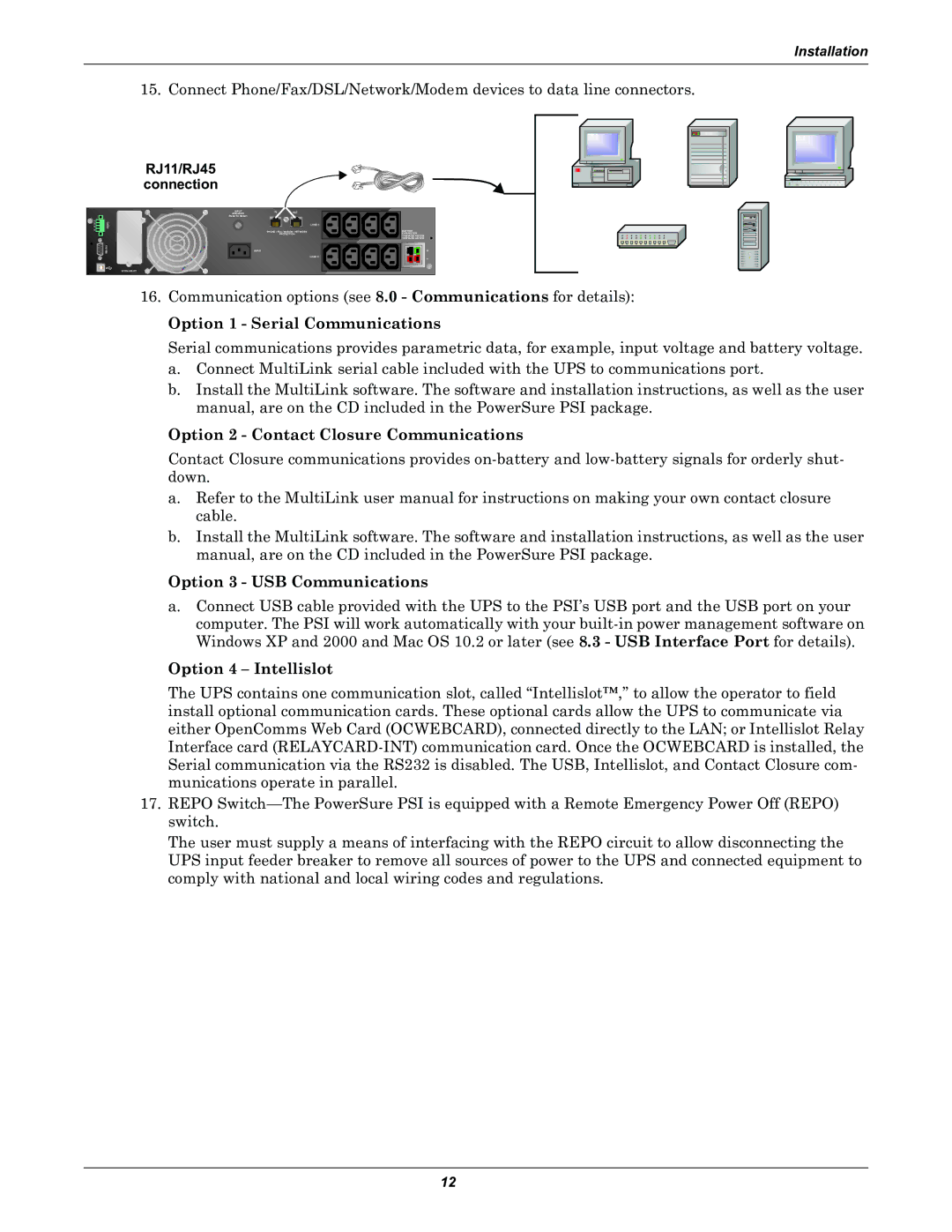 Liebert PSITM user manual Option 1 Serial Communications, RJ11/RJ45 connection 