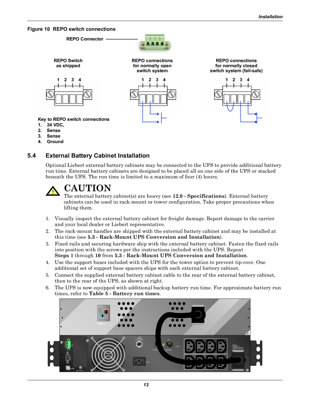 Liebert PSITM user manual External Battery Cabinet Installation, Key to Repo switch connections 24 VDC Sense Ground 