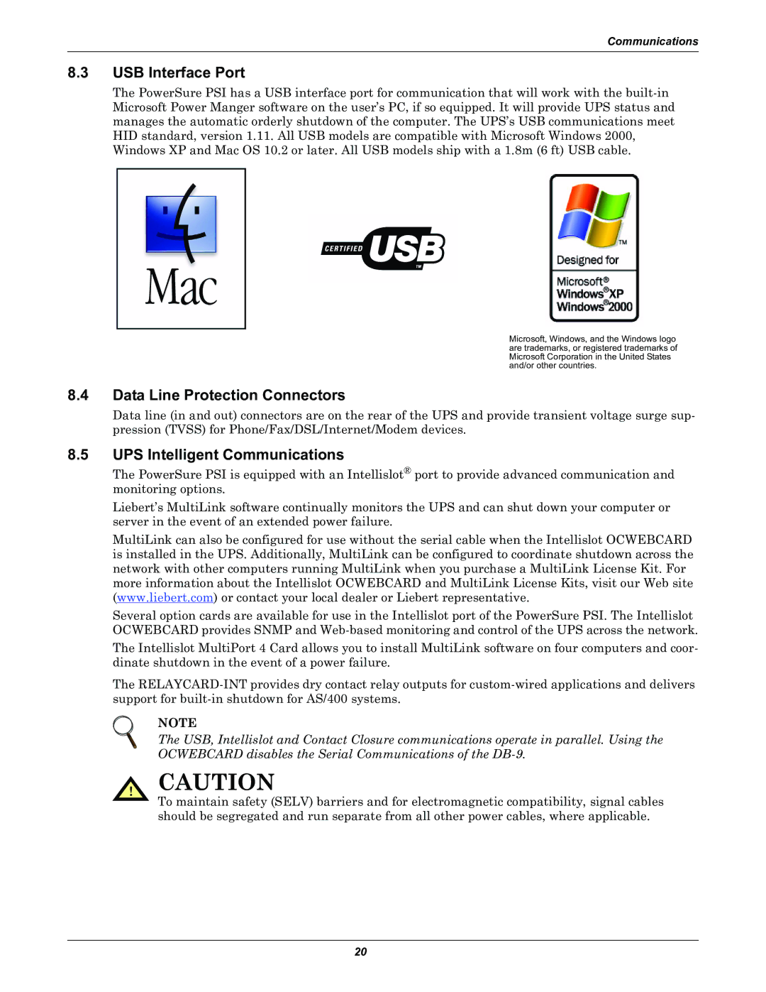 Liebert PSITM user manual USB Interface Port, Data Line Protection Connectors, UPS Intelligent Communications 