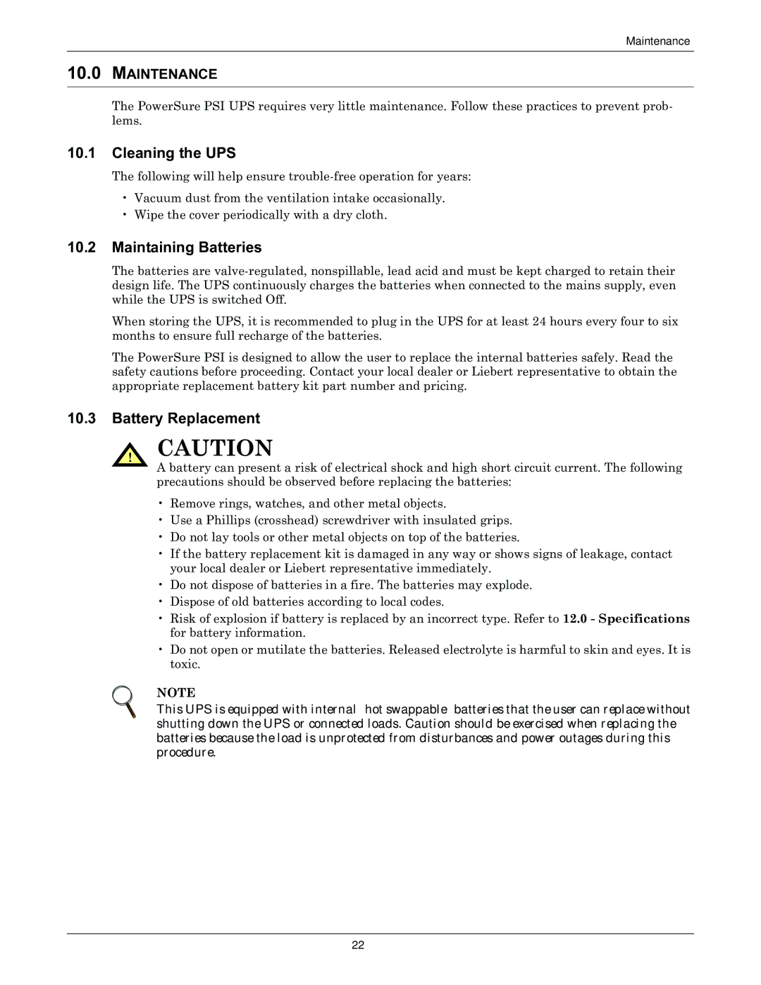 Liebert PSITM user manual Cleaning the UPS, Maintaining Batteries, Battery Replacement, Maintenance 