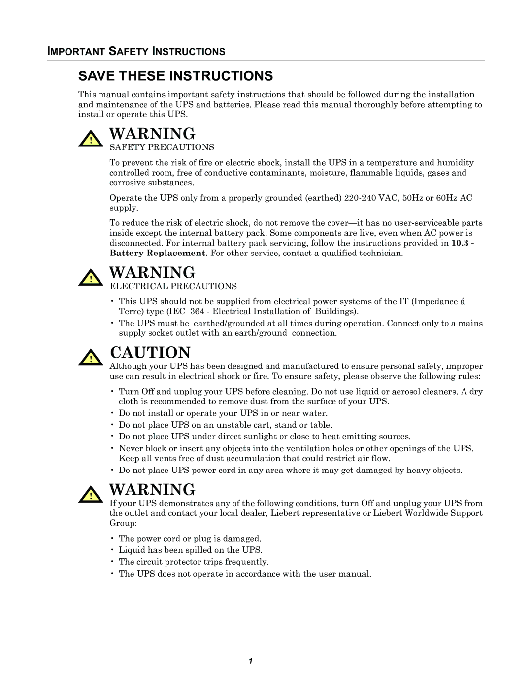 Liebert PSITM user manual Important Safety Instructions, Safety Precautions 