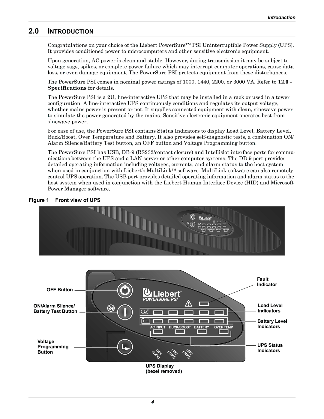 Liebert PSITM user manual Introduction, Front view of UPS 