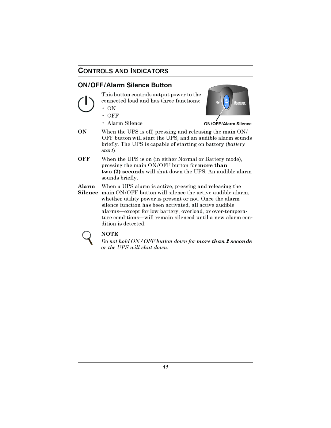 Liebert PSP user manual ON/OFF/Alarm Silence Button, Controls and Indicators 