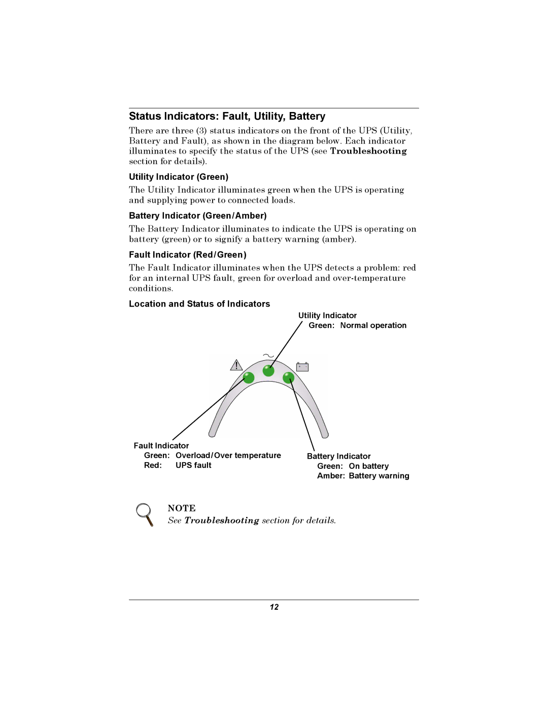 Liebert PSP user manual Status Indicators Fault, Utility, Battery, Utility Indicator Green 