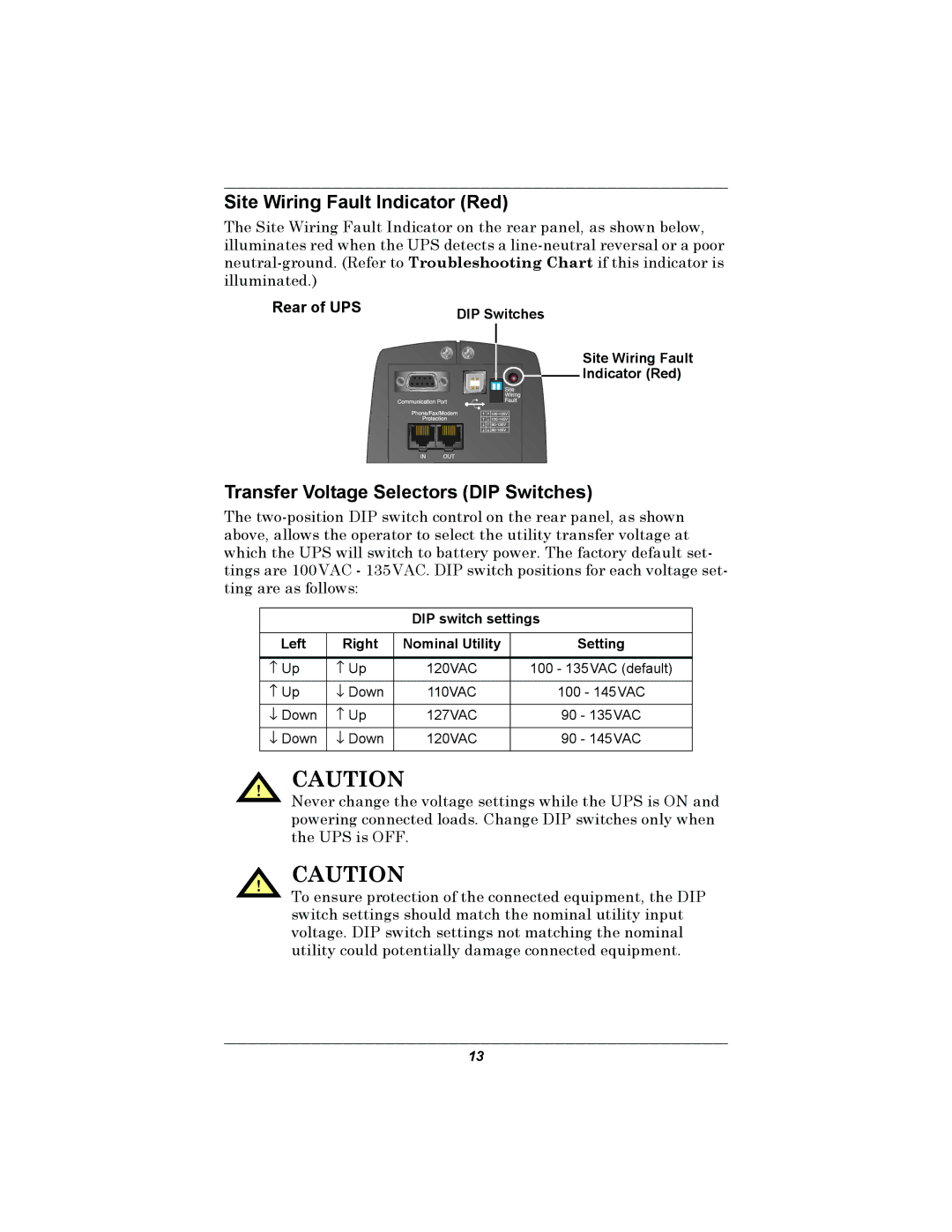 Liebert PSP user manual Site Wiring Fault Indicator Red, Transfer Voltage Selectors DIP Switches 