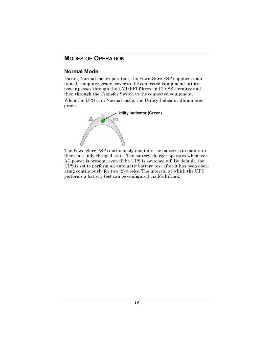 Liebert PSP user manual Normal Mode, Modes of Operation 