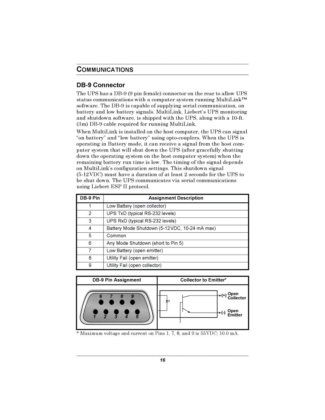 Liebert PSP user manual DB-9 Connector, Communications 