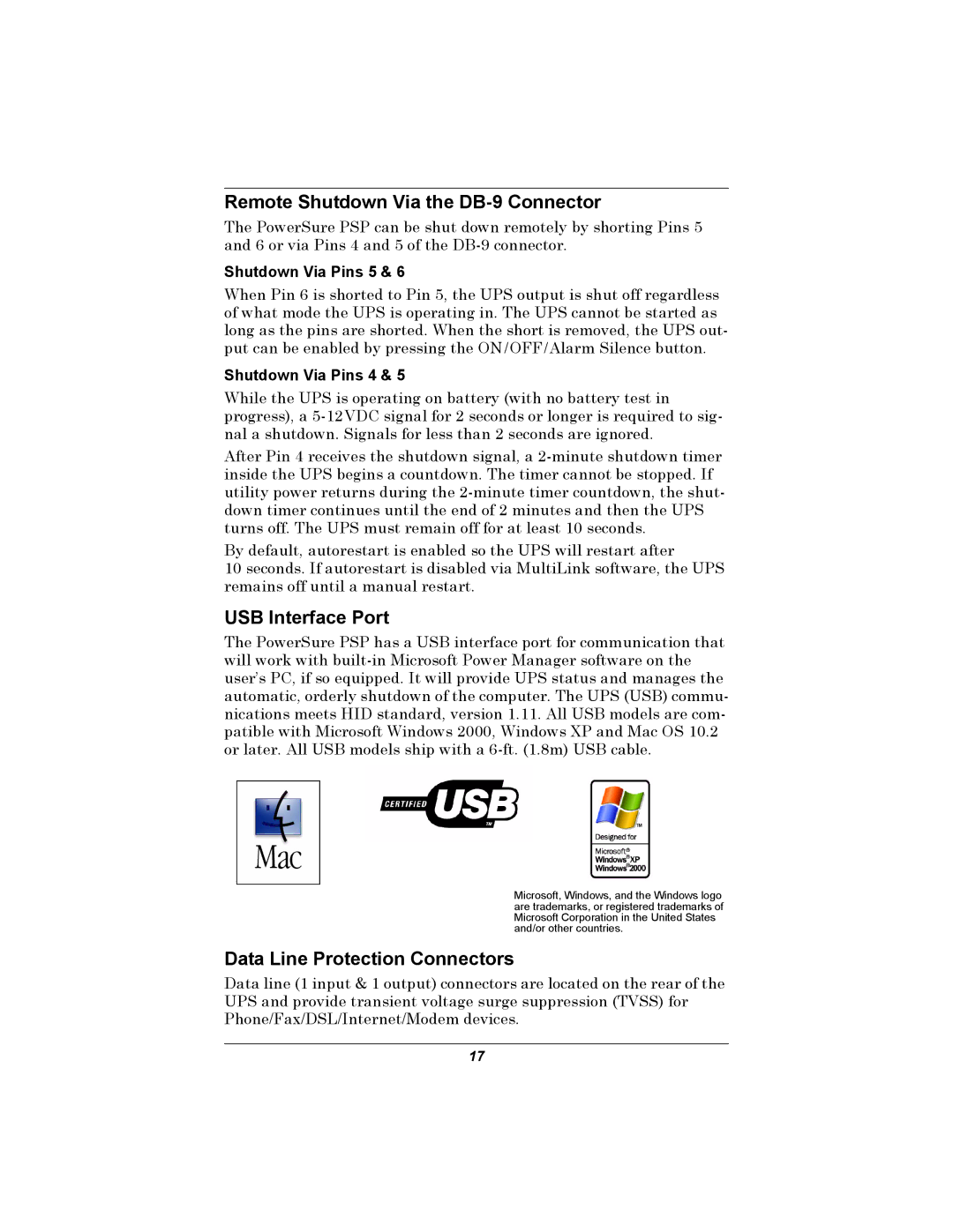 Liebert PSP user manual Remote Shutdown Via the DB-9 Connector, USB Interface Port, Data Line Protection Connectors 