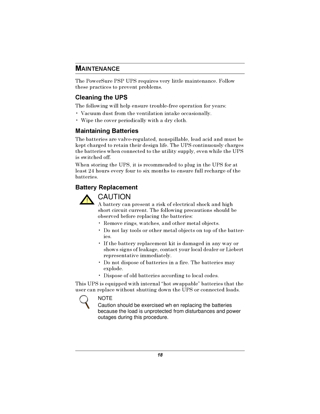 Liebert PSP user manual Cleaning the UPS, Maintaining Batteries, Battery Replacement, Maintenance 