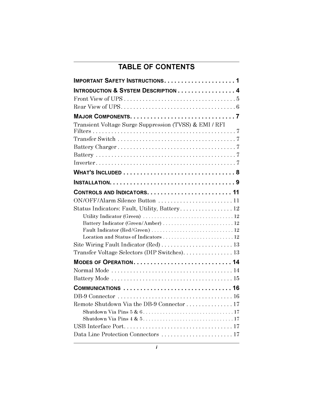 Liebert PSP user manual Table of Contents 