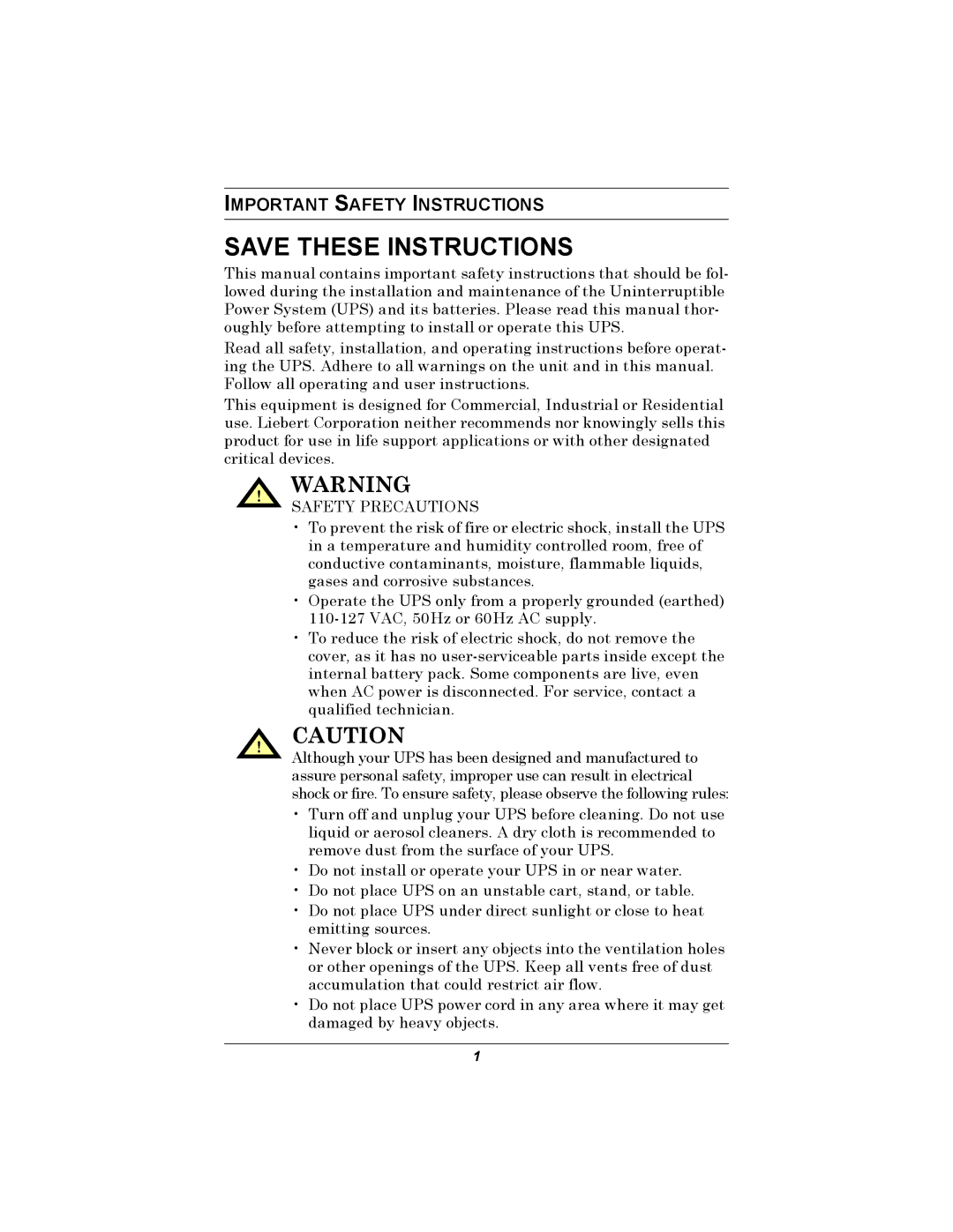 Liebert PSP user manual Important Safety Instructions, Safety Precautions 