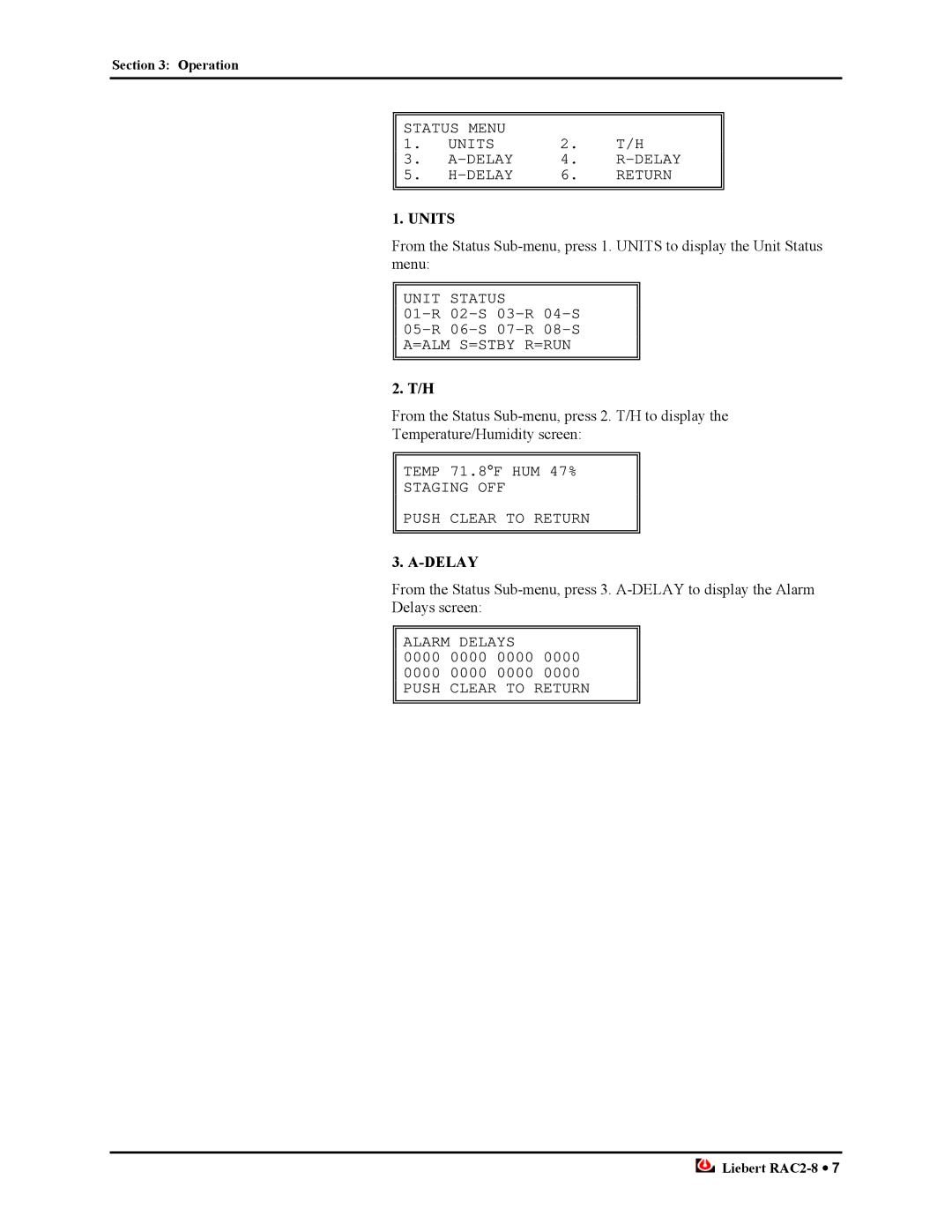 Liebert RAC2-8 manual Units, Delay 