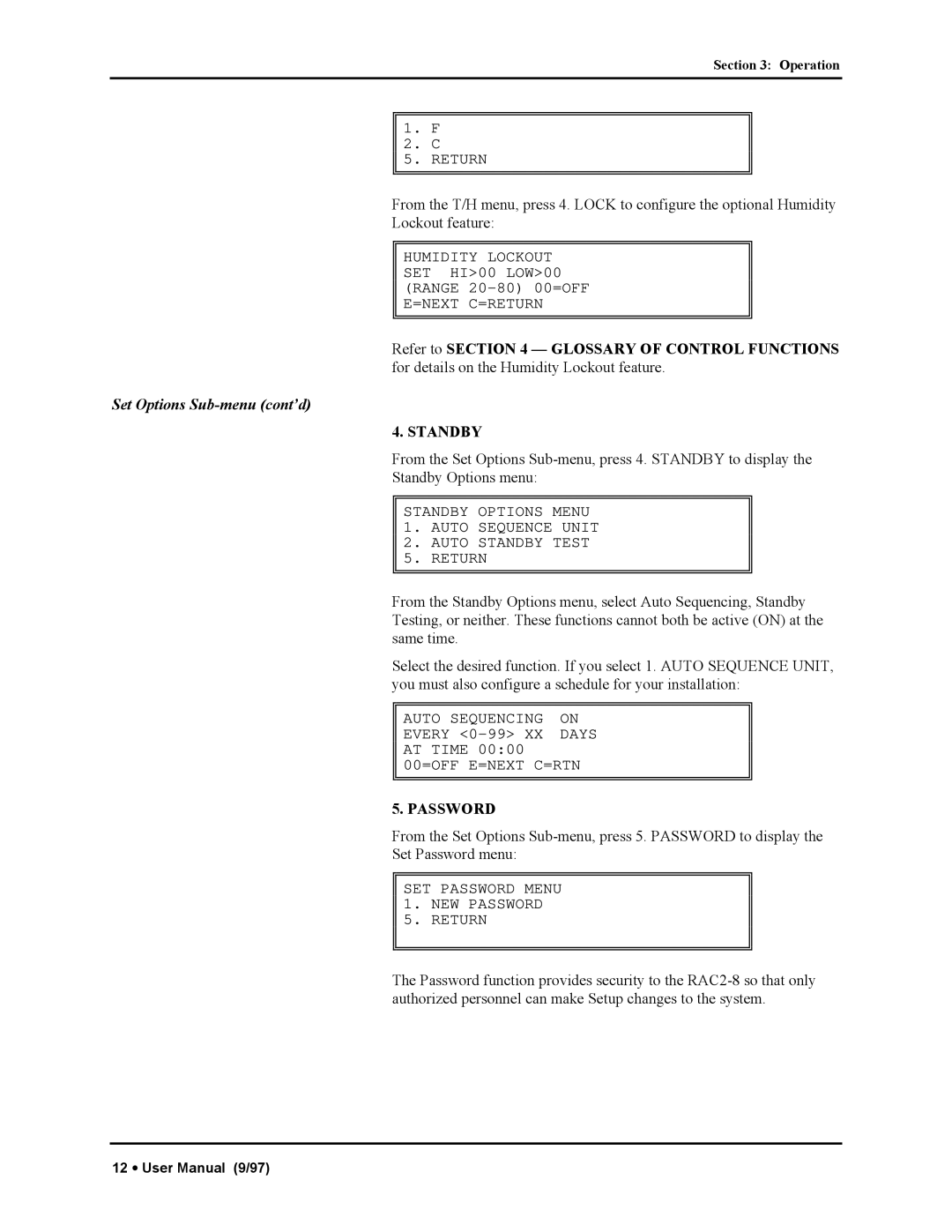 Liebert RAC2-8 manual Standby, Password 