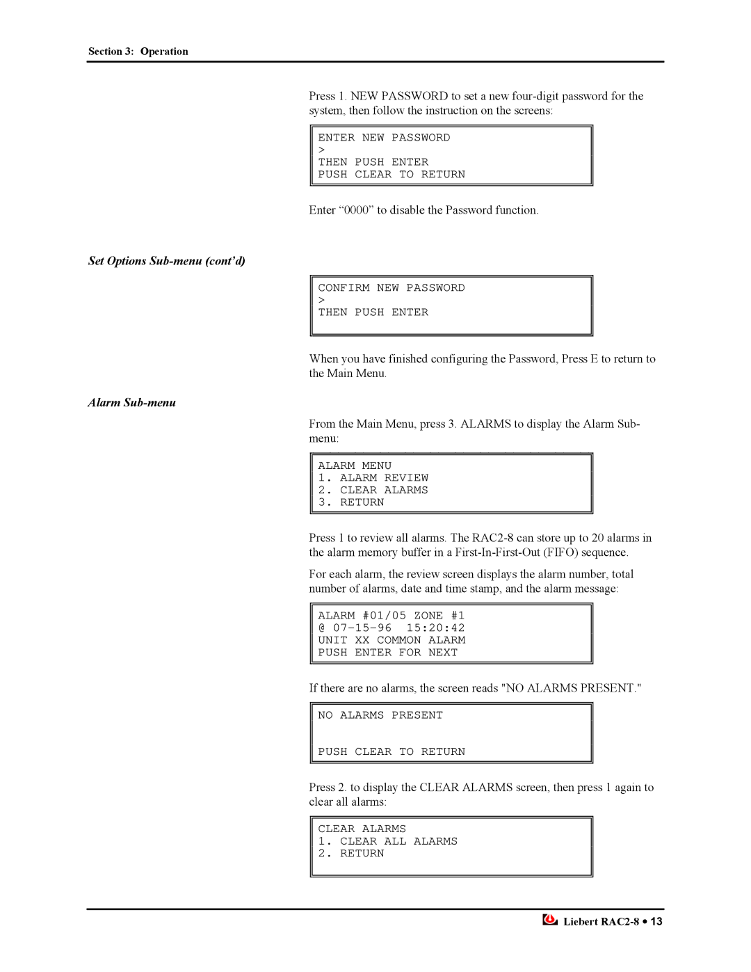 Liebert RAC2-8 manual Alarm Sub-menu 