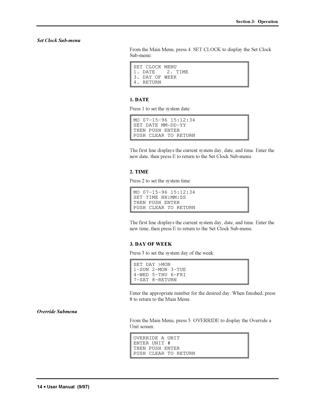 Liebert RAC2-8 manual Set Clock Sub-menu, Date, Time, DAY of Week, Override Submenu 