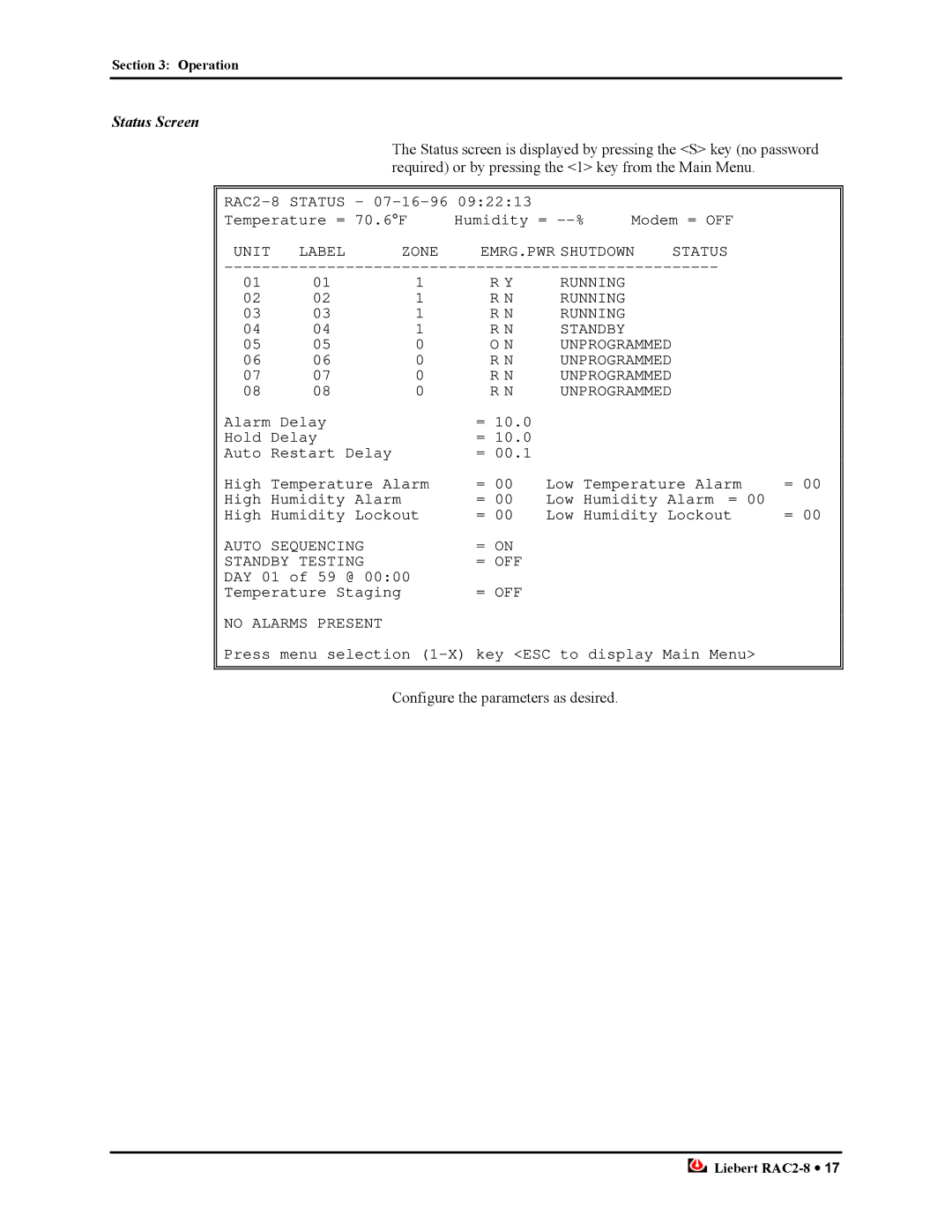 Liebert RAC2-8 manual Status Screen 