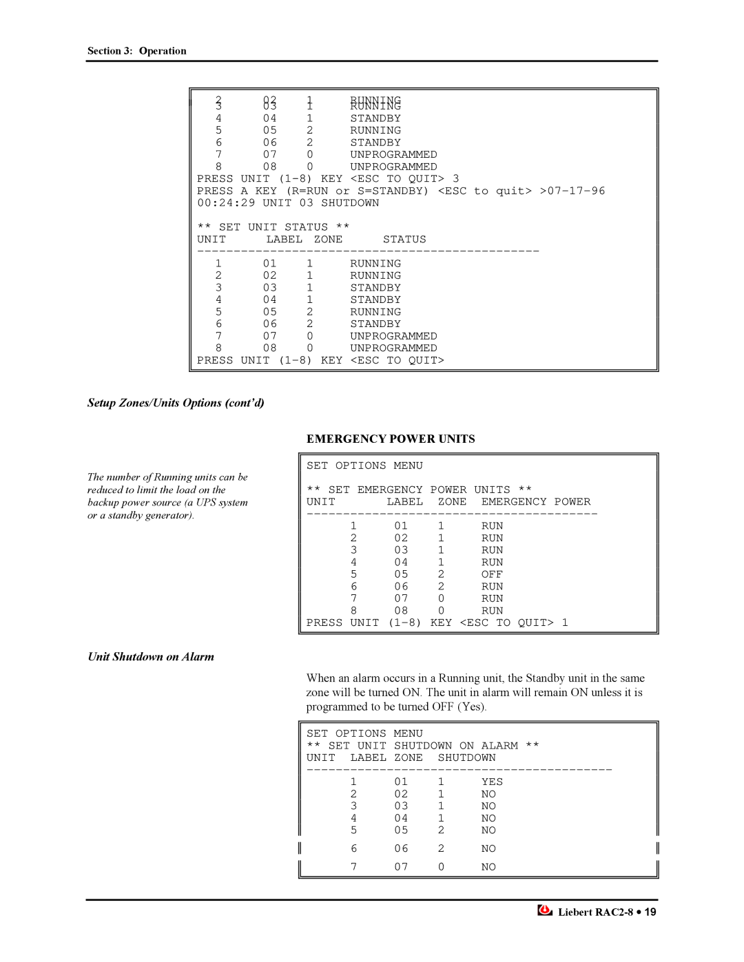 Liebert RAC2-8 manual Unit Shutdown on Alarm, Emergency Power Units 