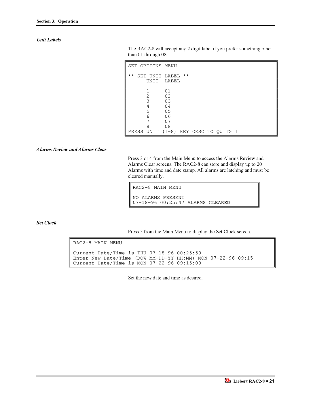 Liebert RAC2-8 manual Unit Labels, Alarms Review and Alarms Clear, Set Clock 