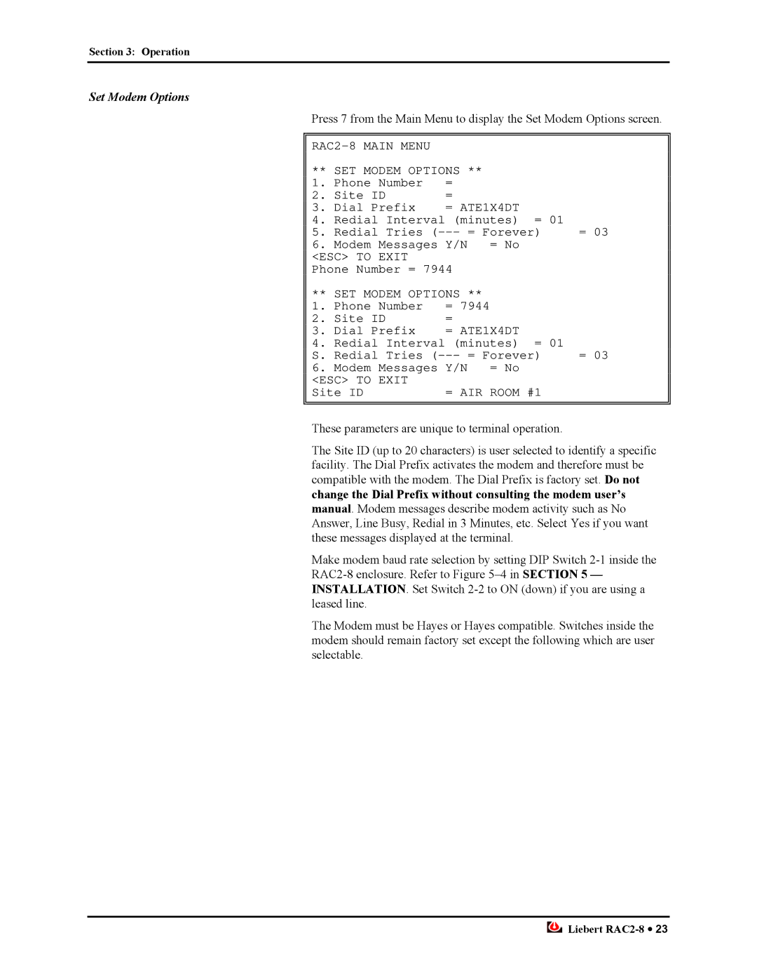 Liebert RAC2-8 manual Set Modem Options 