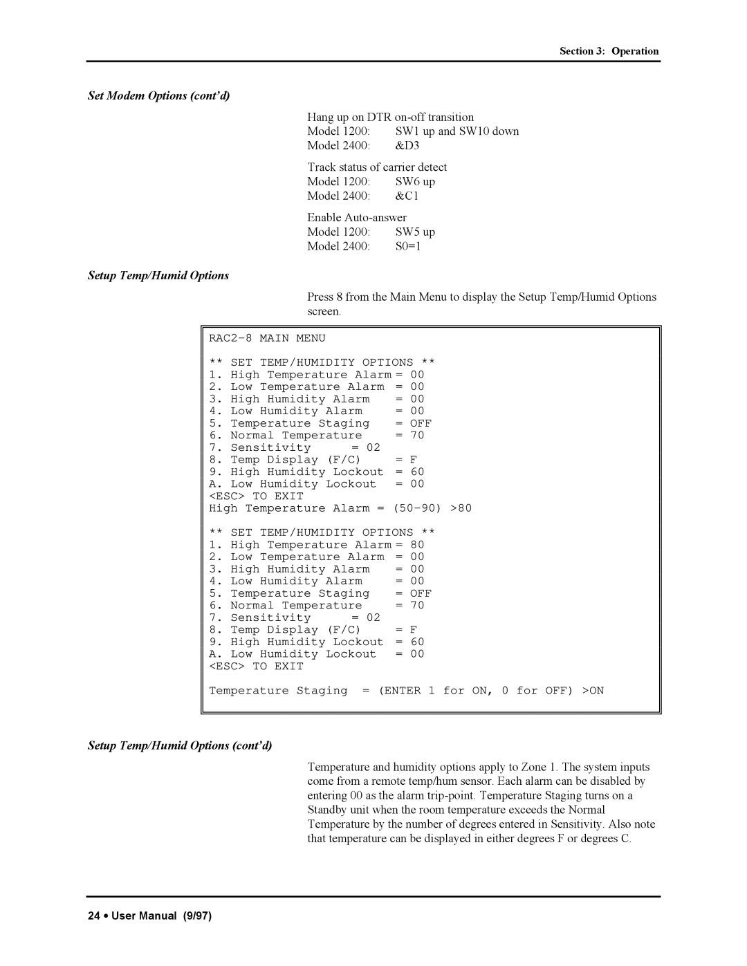 Liebert RAC2-8 manual Set Modem Options cont’d, Setup Temp/Humid Options cont’d 