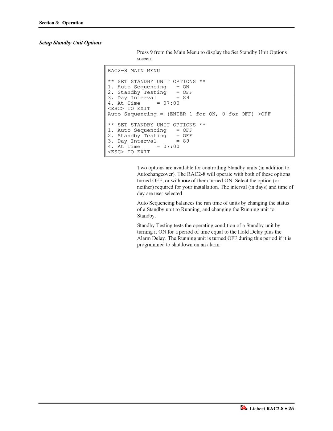 Liebert RAC2-8 manual Setup Standby Unit Options 