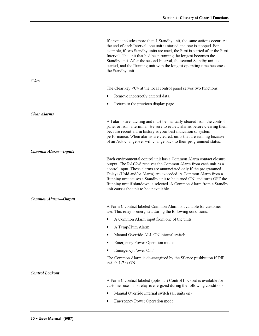 Liebert RAC2-8 manual Key, Clear Alarms, Common Alarm-Inputs, Common Alarm-Output, Control Lockout 